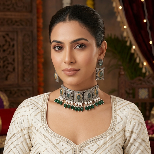 Green Color Dual Tone Oxidised Necklace Set with Graceful Handmade Appeal