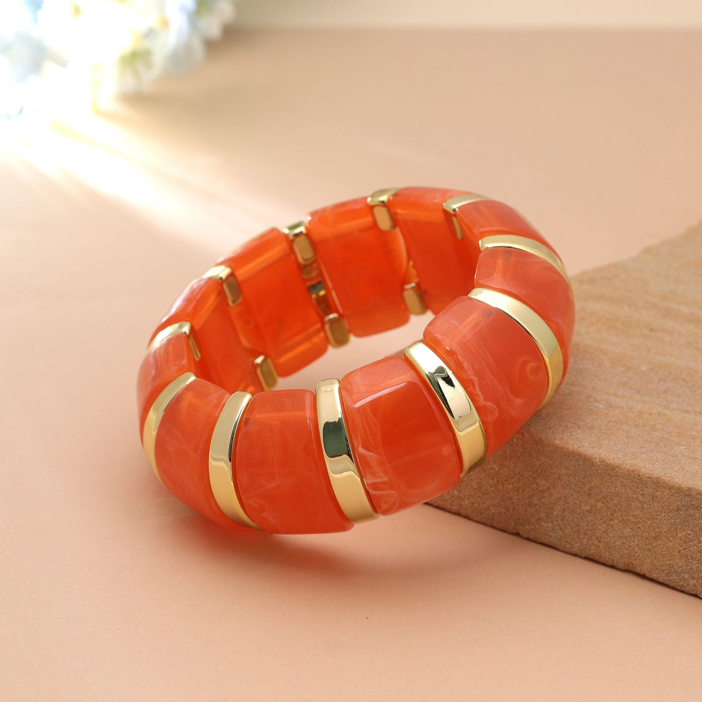 Orange Color Stretchable Acrylic Fashion Bangle Featuring Modern Design Appeal