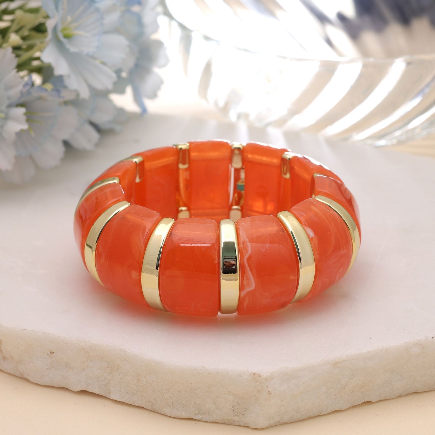 Orange Color Stretchable Acrylic Fashion Bangle Featuring Modern Design Appeal