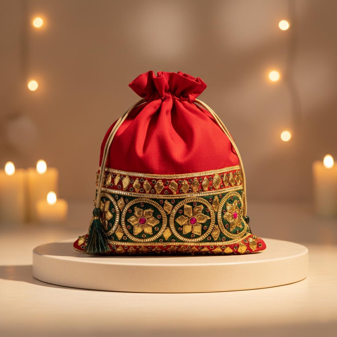 Rote Potli-Tasche mit goldener Zardosi-Stickerei (PTB105RED)