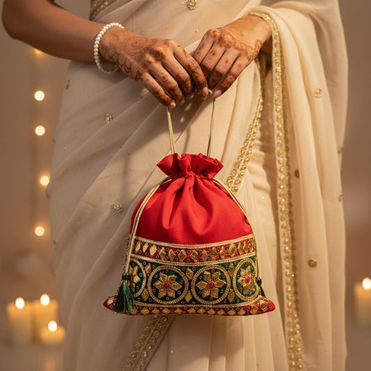 Red Color Gold Zardosi Work Potli Bag (PTB105RED)