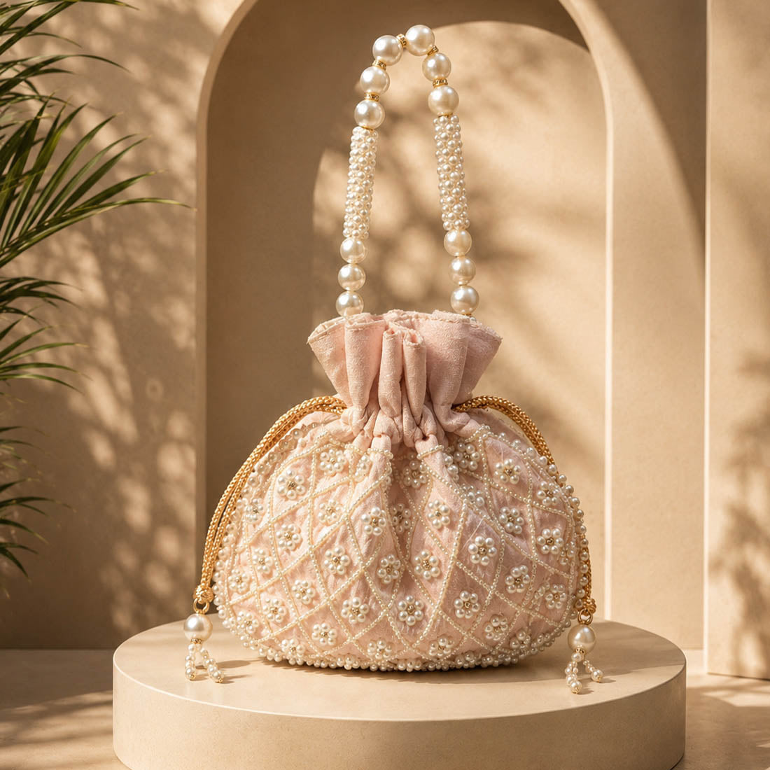 Light Pink Color Pearl Handwork Silk Potli Bag For Women