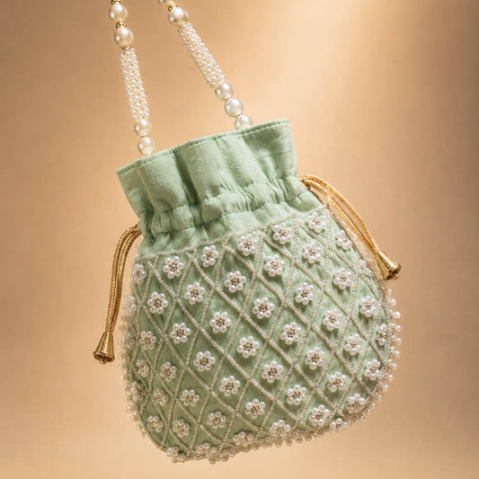 Pista Green Color Pearl Handwork Silk Potli Bag For Women