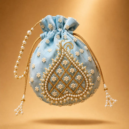 Sky Blue Color Pearl Handwork Silk Potli Bag For Women
