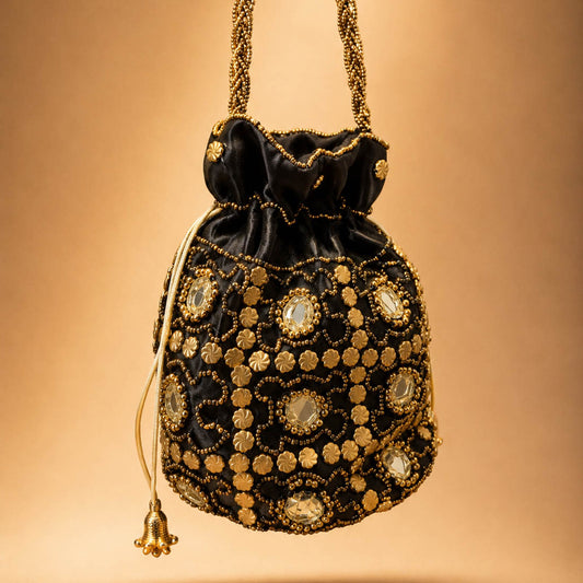 Black Color Mirror Work Handbag Potli