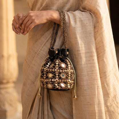 Black Color Mirror Work Handbag Potli
