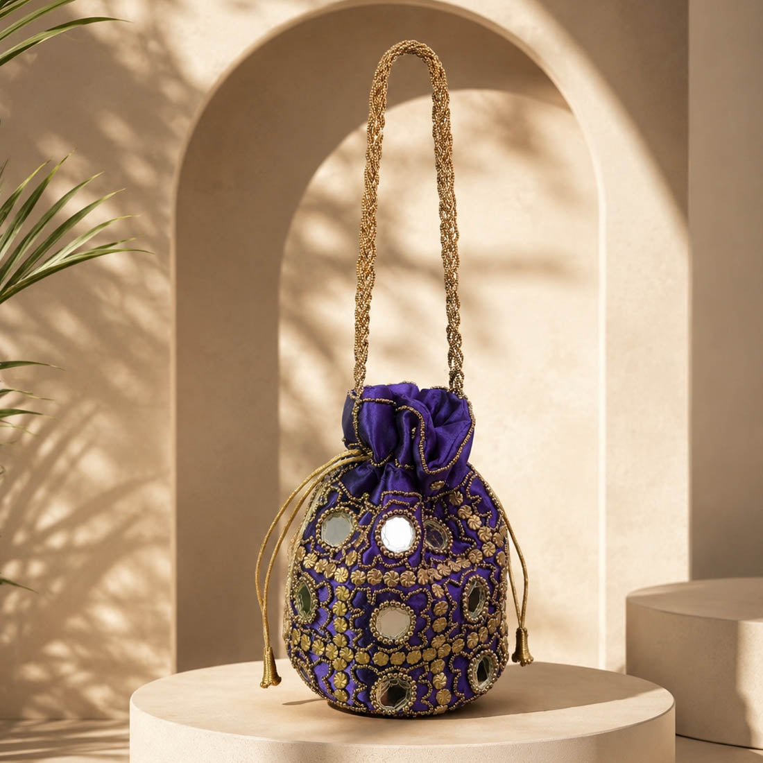 Purple Color Mirror Work Handbag Potli