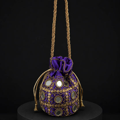 Purple Color Mirror Work Handbag Potli