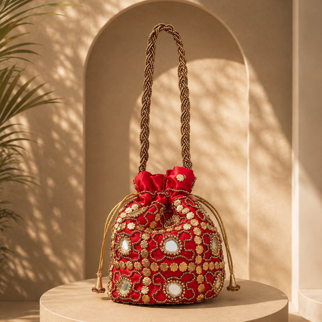 Red Color Mirror Work Handbag Potli
