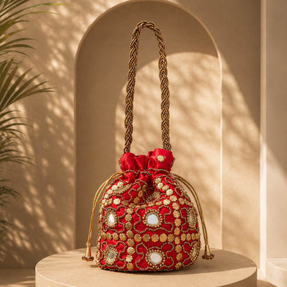 Red Color Mirror Work Handbag Potli