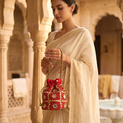 Red Color Mirror Work Handbag Potli