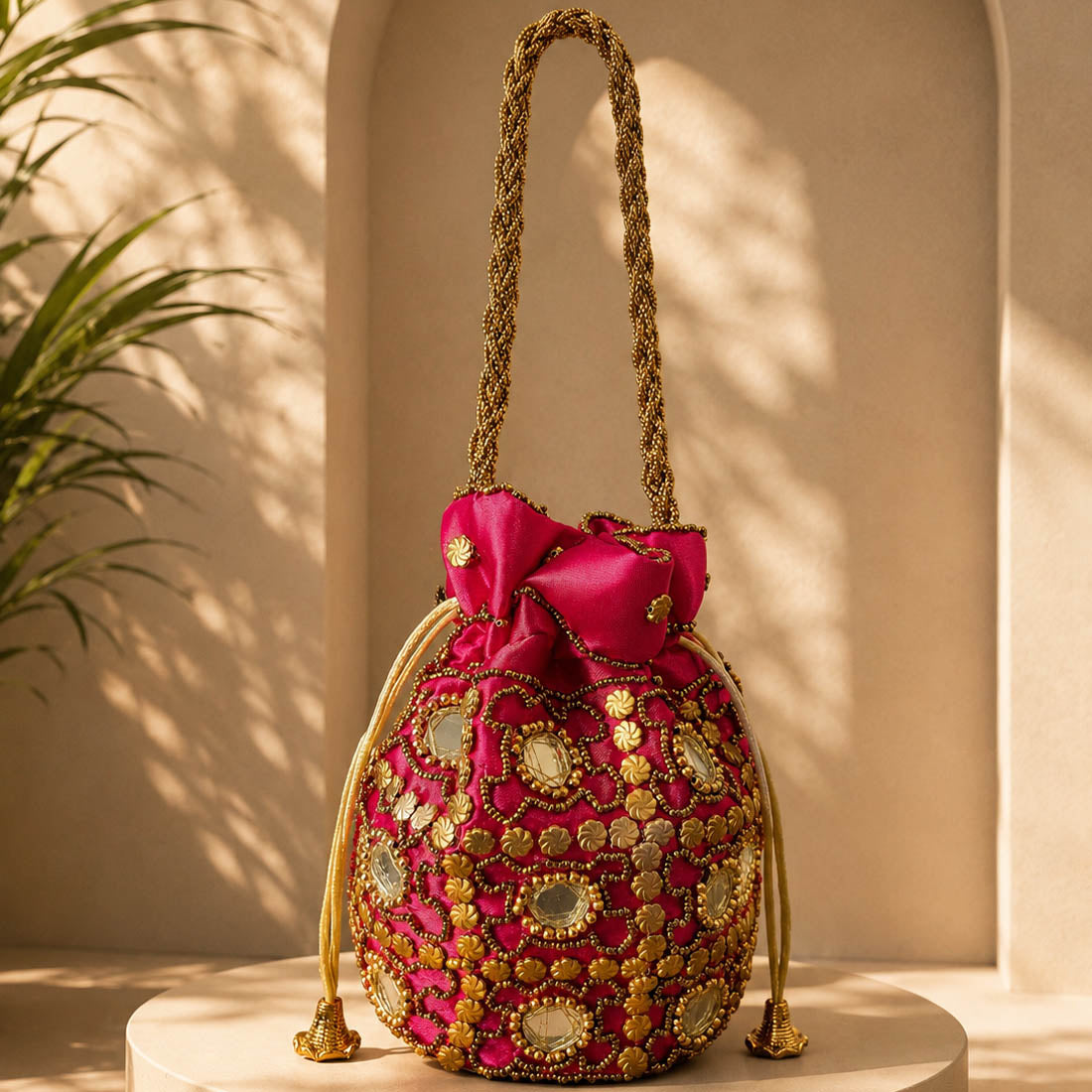 Rani Color Mirror Work Handbag Potli