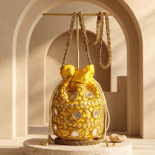Yellow Color Mirror Work Handbag Potli
