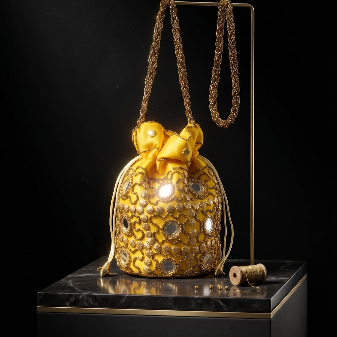 Yellow Color Mirror Work Handbag Potli