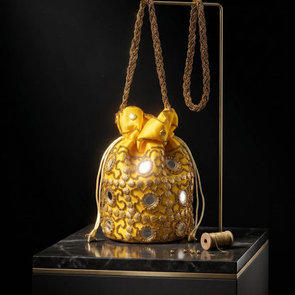 Yellow Color Mirror Work Handbag Potli