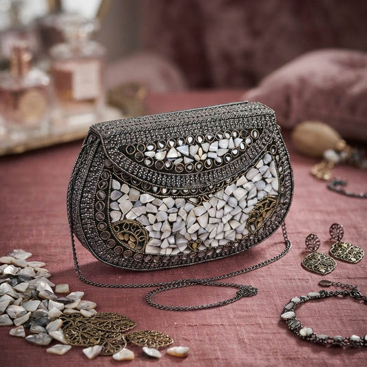 Black Color Antique Handmade Embroidered Work Chip Stone Metal Sling Purse Designer Style