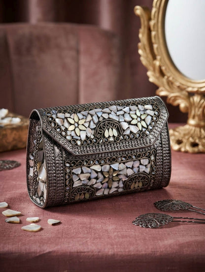 Black Color Embroidered Work Envelope Style Mosaic Stone Bag Cross Body Bag
