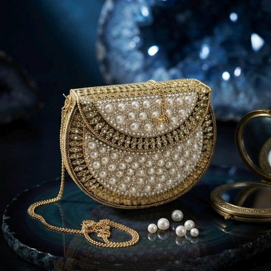 Gold & White Color Pearl Embellished Mini Clutch Bag Elegant Style