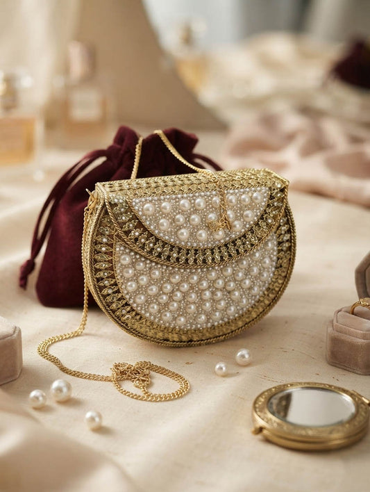 Gold & White Color Pearl Embellished Mini Clutch Bag Elegant Style