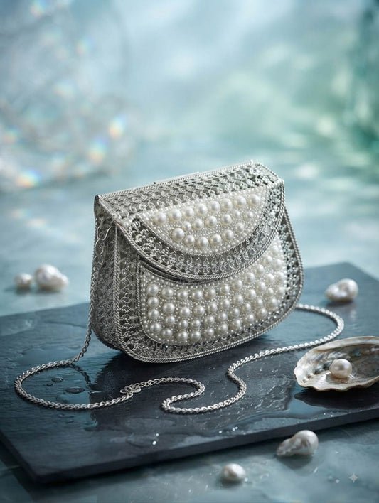 Silver & White Color Pearl Embellished Mini Clutch Bag Designer Fashion Appeal