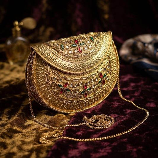 Royal Antique Gold Color Kundan Studded Metal Handmade Golden Clutch Bag For Weddings