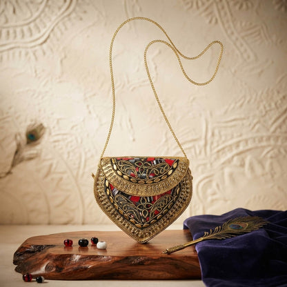Exquisite Bridal Gold Color Kundan Work Metal Handmade Golden Party Clutch Bag