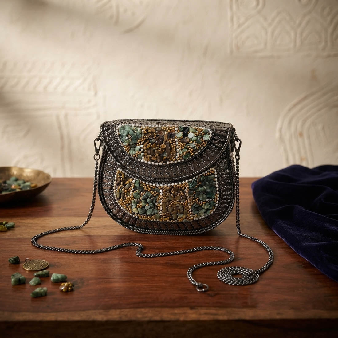 Classic Velvet Black Color Handmade Matte Finish Metal Clutch Bag For Parties