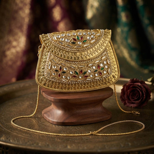 Handcrafted Traditional Gold Color Kundan Embossed Metal Golden Clutch Bag For Women