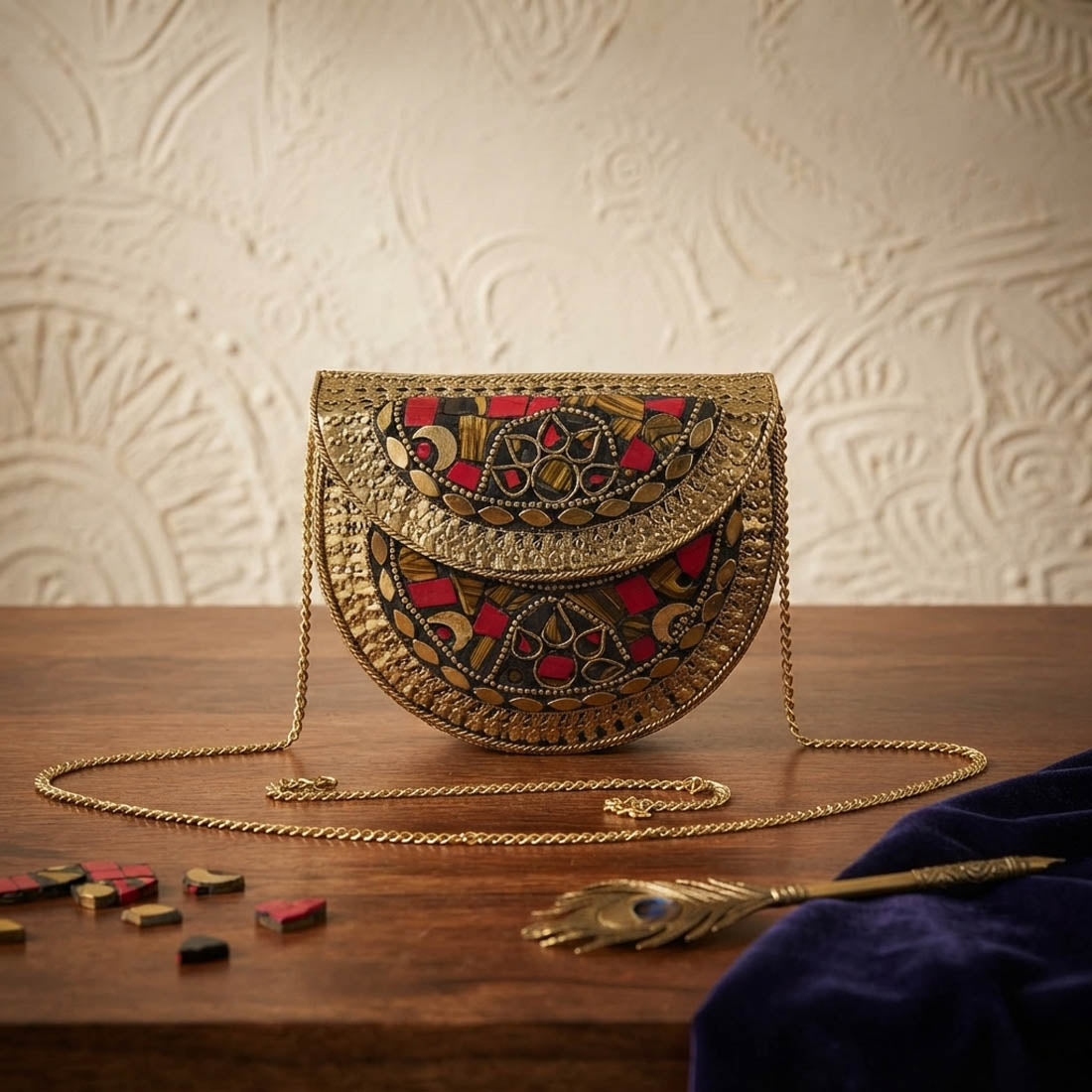 Opulent Royal Gold Color Kundan Embellished Metal Handmade Golden Evening Clutch Bag