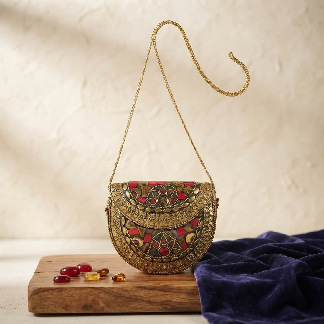 Opulent Royal Gold Color Kundan Embellished Metal Handmade Golden Evening Clutch Bag