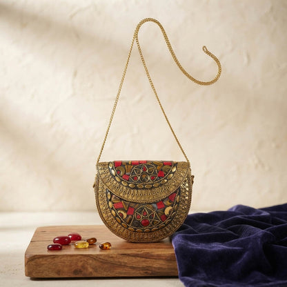 Opulent Royal Gold Color Kundan Embellished Metal Handmade Golden Evening Clutch Bag
