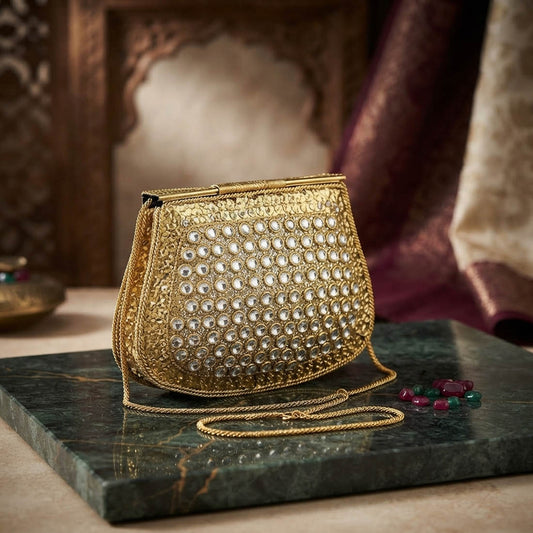 Elegantly Crafted Gold Color Kundan Metal Handmade Golden Box Clutch Bag