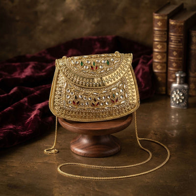 Elegantly Crafted Gold Color Kundan Metal Handmade Golden Box Clutch Bag