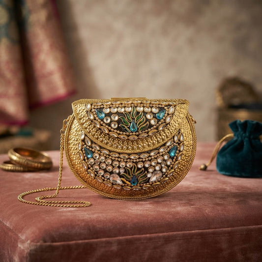 Intricate Artisan Gold Color Kundan Metal Handmade Golden Wedding Clutch Bag