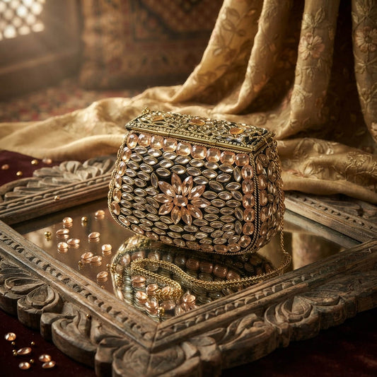 Glamorous Party Gold Color Kundan Metal Handmade Golden Evening Clutch Bag