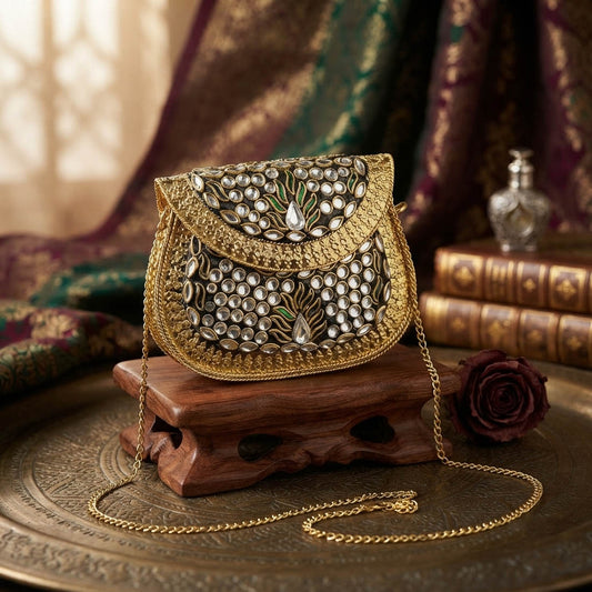 Ornate Indian Gold Color Kundan Metal Handmade Golden Partywear Clutch Bag