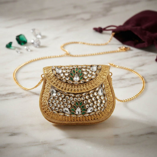 Heavy Embellished Gold Color Kundan Metal Handmade Clutch Bag For Bridal Outfits