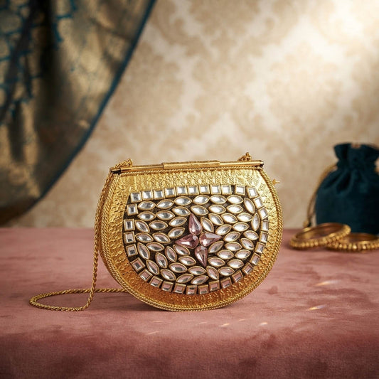 Heavy Embellished Gold Color Kundan Metal Handmade Clutch Bag For Bridal Outfits