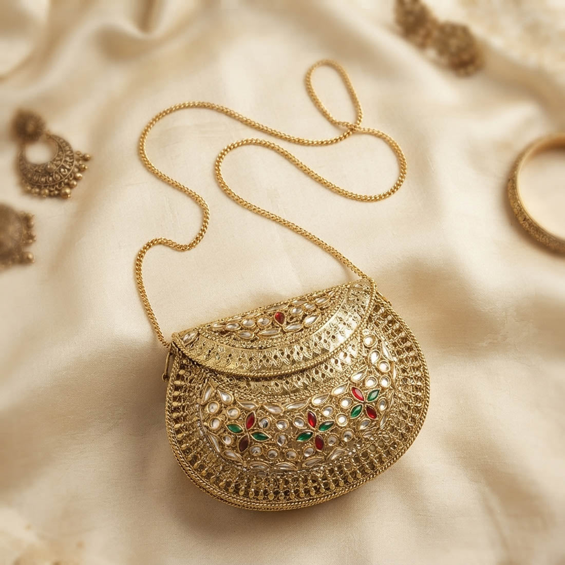 Dazzling Festive Gold Color Kundan Metal Handmade Golden Bridal Clutch Bag