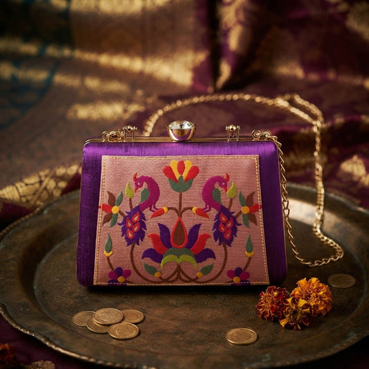 Lustrous Smooth Gold Color Satin Fabric Metal Handmade Golden Clutch Bag
