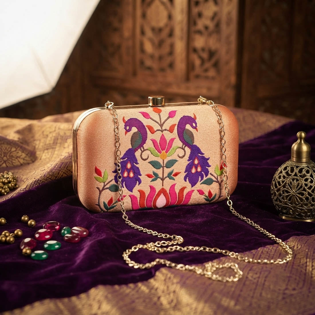 Royal Sheen Gold Color Satin Fabric Metal Handmade Golden Bridal Bag