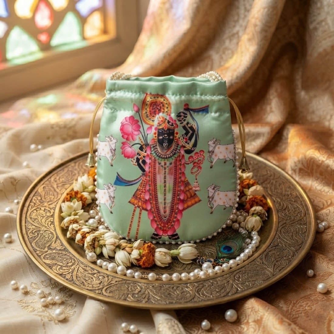 Pious Light Green Color Pearls Shree Nath ji Handwork Silk Potli Bag