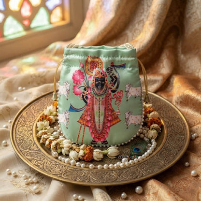 Pious Light Green Color Pearls Shree Nath ji Handwork Silk Potli Bag