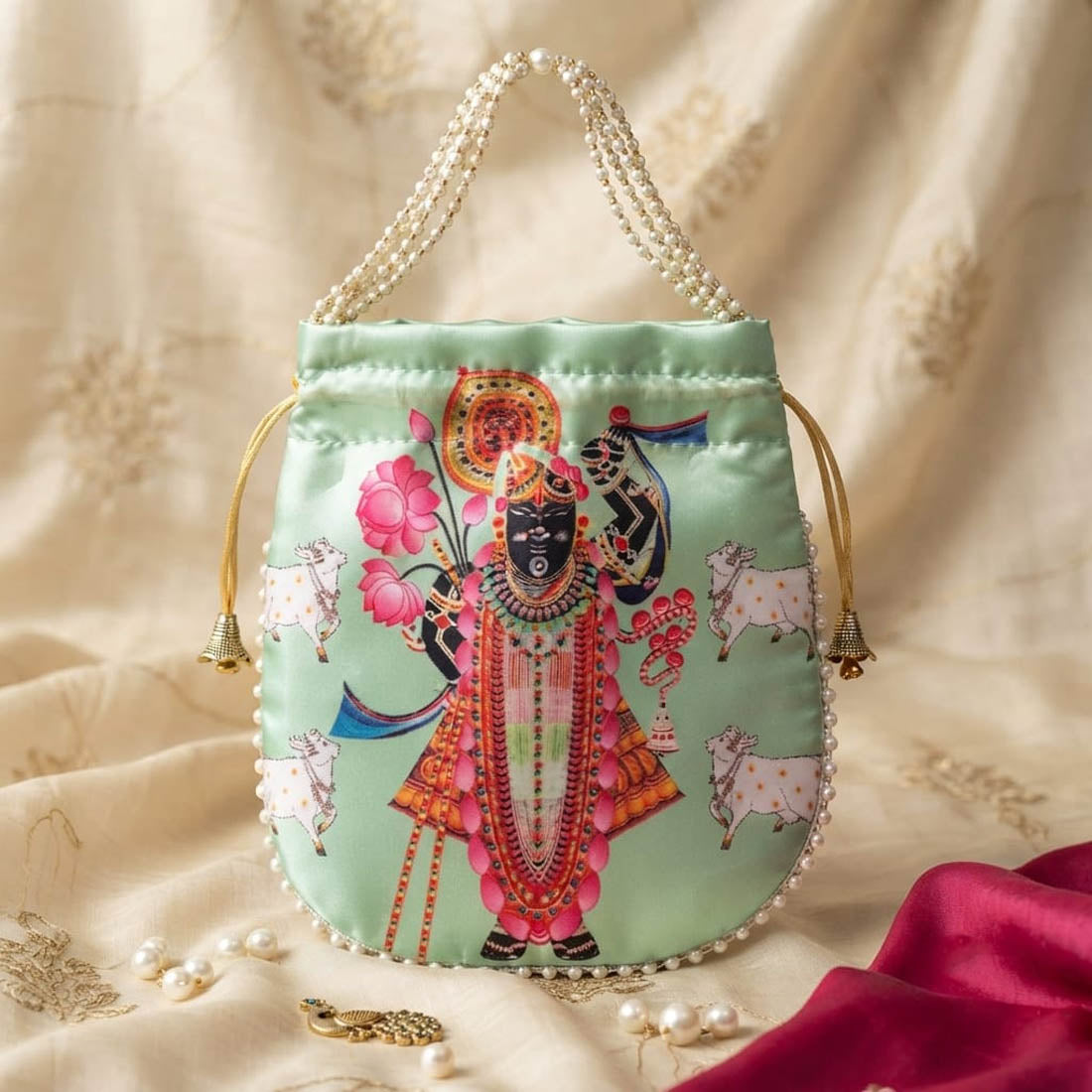 Pious Light Green Color Pearls Shree Nath ji Handwork Silk Potli Bag