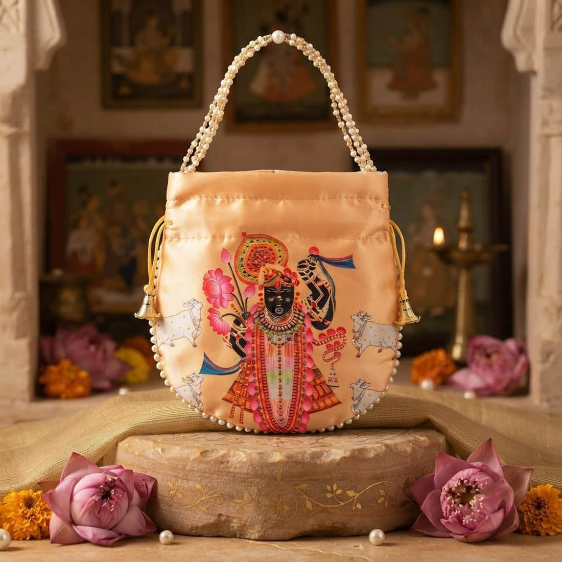 Charming Peach Color Pearls Shree Nath ji Handwork Silk Potli Bag For Brides