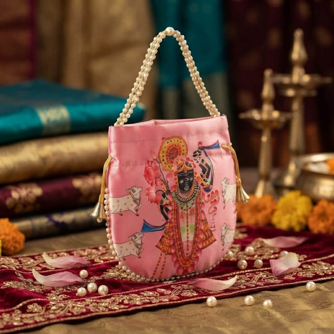 Vibrant Rose Pink Color Pearls Shree Nath ji Handwork Silk Potli Bag