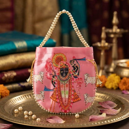 Vibrant Rose Pink Color Pearls Shree Nath ji Handwork Silk Potli Bag