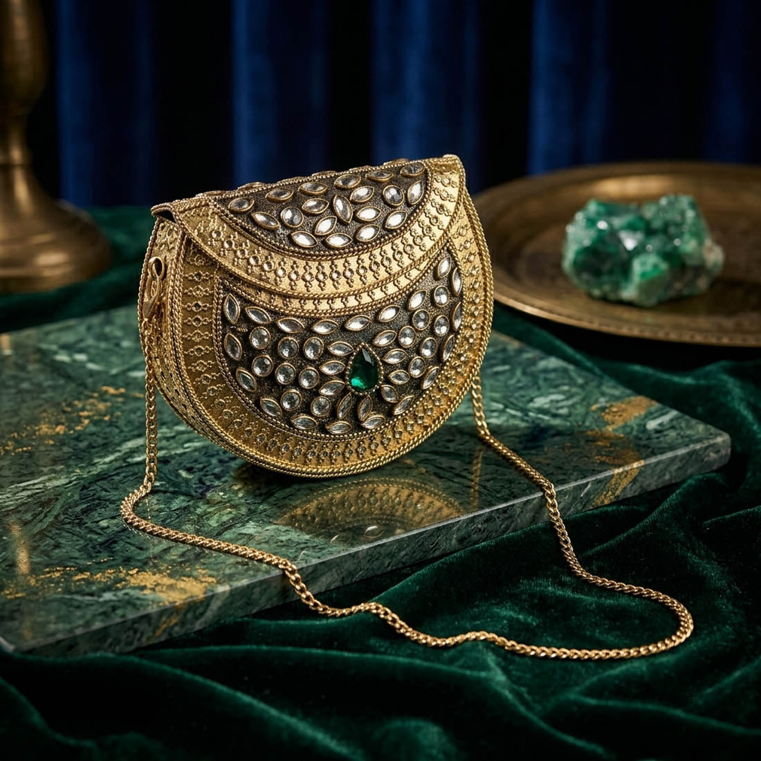 Green Color Kundan Metal Handmade Golden Clutch Bags