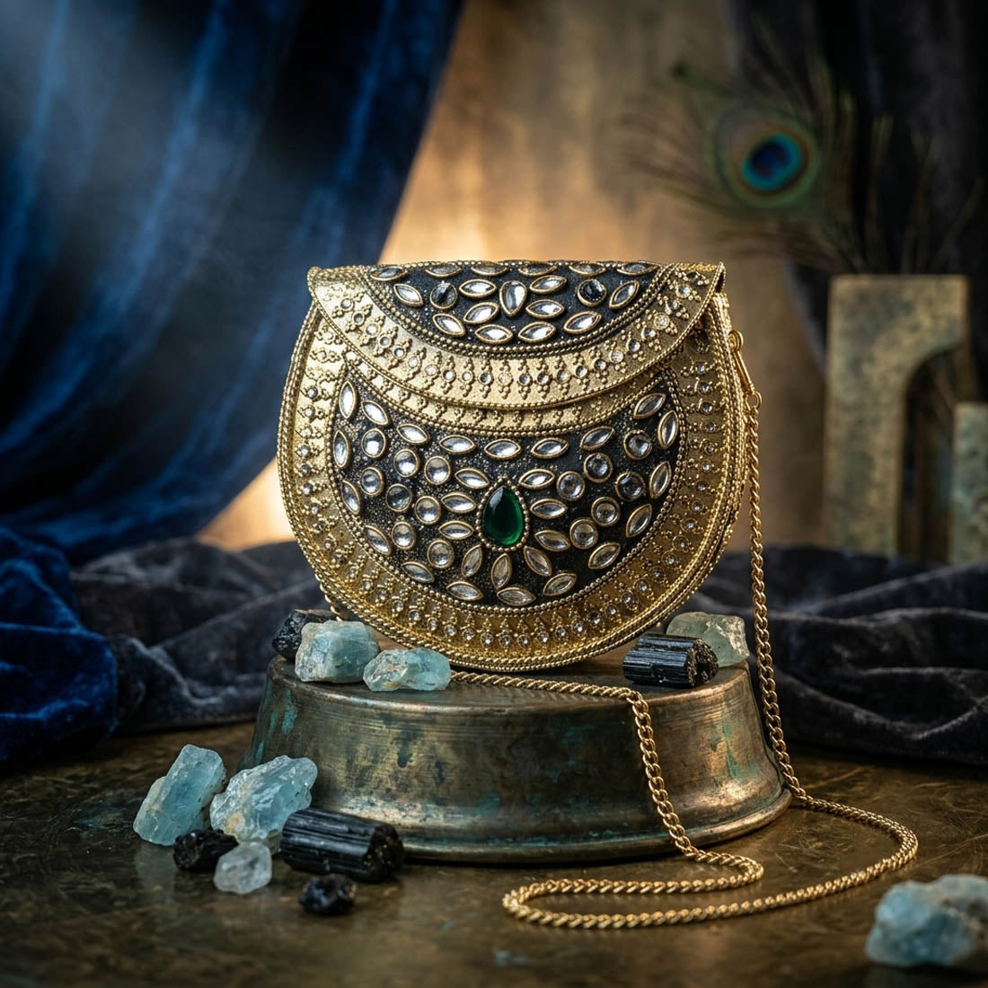 Green Color Kundan Metal Handmade Golden Clutch Bags