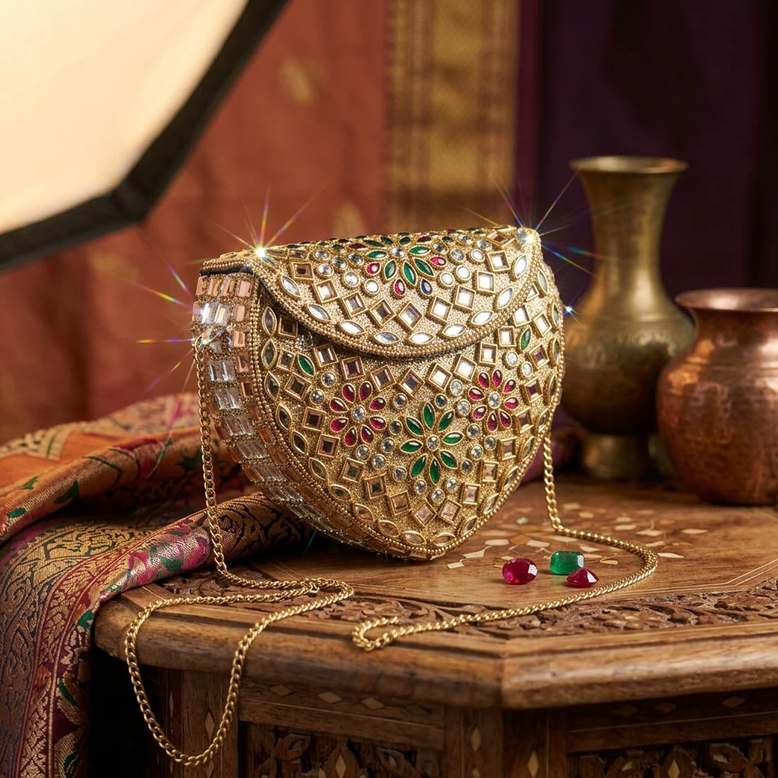 Red Green Color Kundan Metal Handmade Golden Clutch Bags